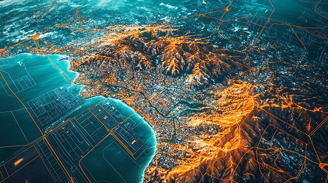 Aerial Cityscape for Coastal Mountains, Night.