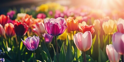 Obraz premium A stunning and vibrant display of colorful tulips in a bright and sunlit meadow, showcasing the incredible beauty of both spring and summer in the great outdoors of natures landscape
