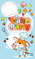 Illustration of a cake party, a fox-baker on a background of bright flags and berries. Suitable for invitations, banners, cards, gift cards. EPS 10