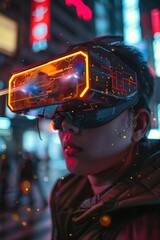 Futuristic cyberpunk wearable tech showcased in urban setting augmented reality design