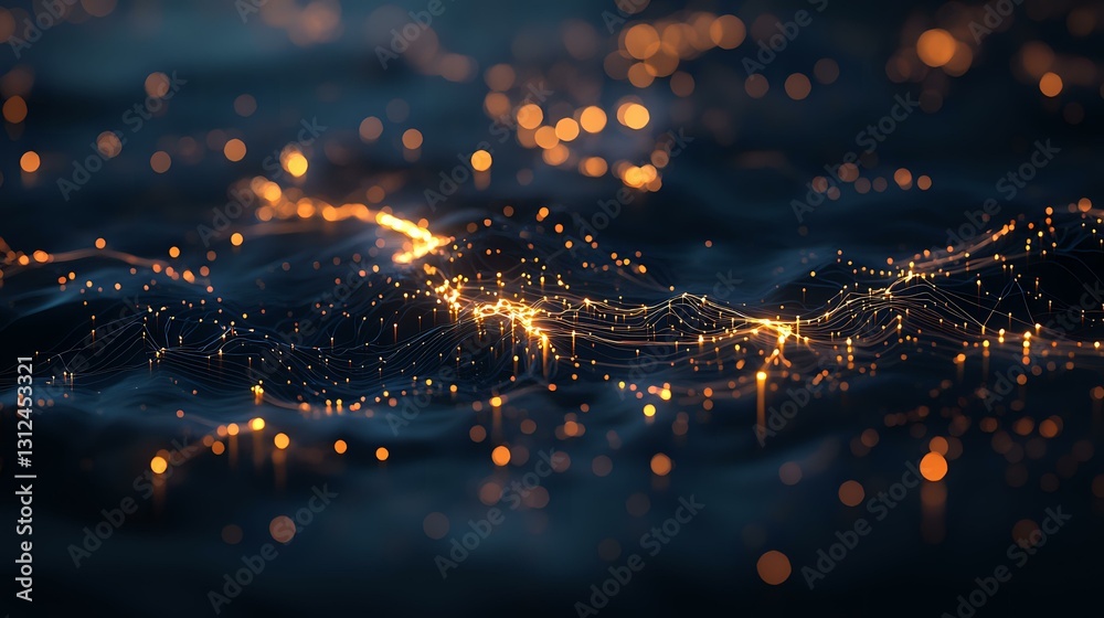Poster glowing golden particles and light trails create magical atmosphere against dark background with bok