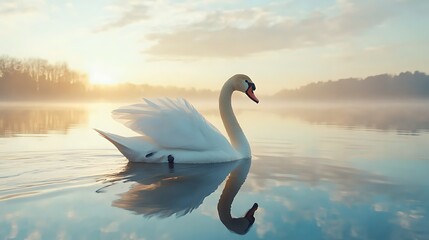 Fototapeta premium Calm Lake with Swan Swimming and Perfect Reflections
