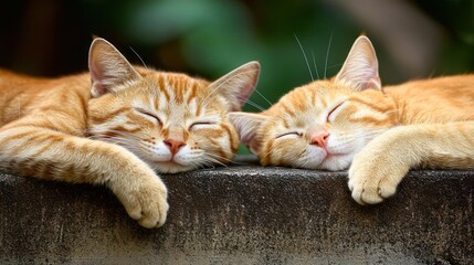 Obraz premium Two Orange Cats Sleeping Peacefully Together Outdoors