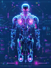 Cyborg augmentation blueprint neon anatomical overlays digital lab infographic