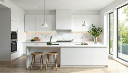 Bright white kitchen, marble backsplash, large island, minimalist, modern