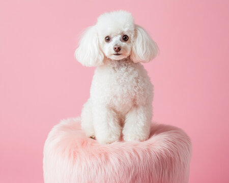 White poodle dog sitting on pink fluffy cushion against pink background Showcase, pet photography, product display, soft texture
