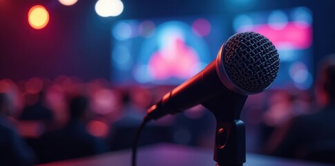 Close-up microphone, blurred seminar background, voice, university