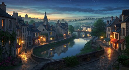 Fototapeta premium Scenic European Town Along River at Dusk with Soft Lighting