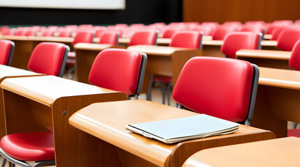 Empty Classroom with Red Chairs and Desk in Educational Setting