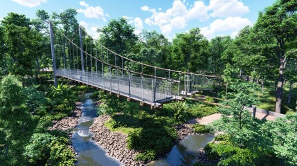 Forest Suspension Bridge, Pedestrian Crossing, Tropical Park, Sunny Day