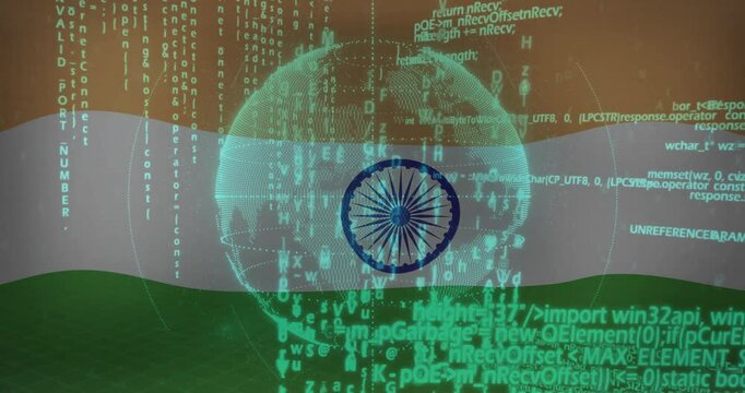 Indian flag with digital data and binary code overlaying globe animation