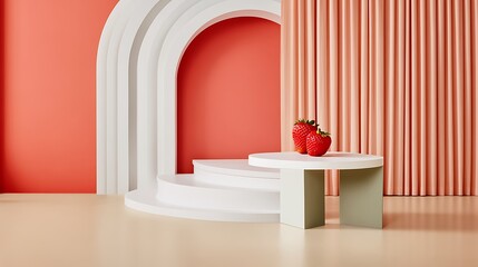 Fototapeta premium Strawberries rest on stand at archway with backdrop. Mockup for product display or abstract presentation