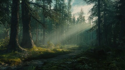Fototapeta premium Sunbeams illuminate a misty forest path.