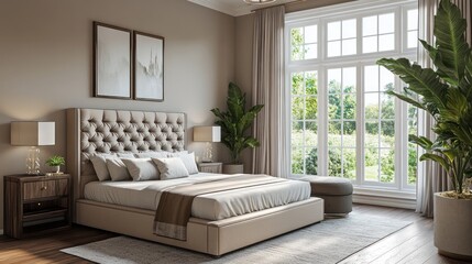 A comfortable bedroom setting features natural light and decorative elements
