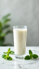 A tall glass of frothy milk with a hint of mint on a marble surface.