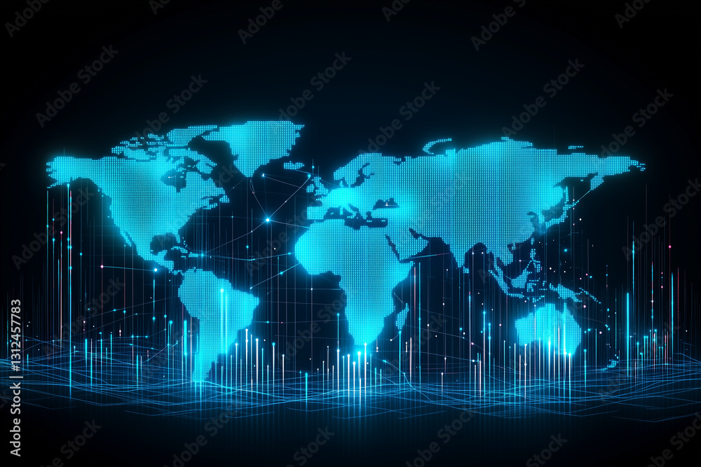 Wall mural world map with binary code on a blue background representing global technology and digital communica