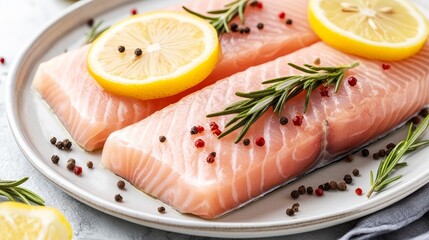 Two Raw Salmon Fillets with Lemon and Rosemary, Food Photography, Close-up Composition Salmon recipe, seafood