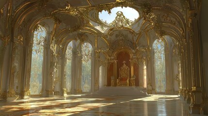 Obraz premium Majestic Gold-Filled Hall with Royal Throne and Sunlit Windows