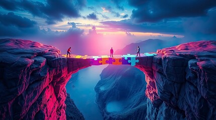 A bridge between two mountains made of puzzle pieces with  teammates .
