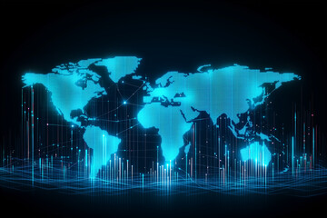 World map with binary code on a blue background representing global technology and digital communication