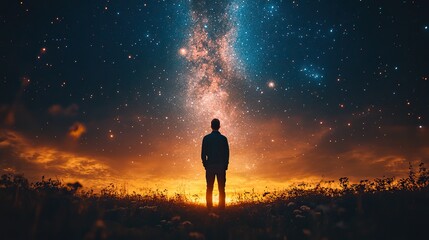 Fototapeta premium faith heavenly background man standing in the middle of the space and looking at the heavens