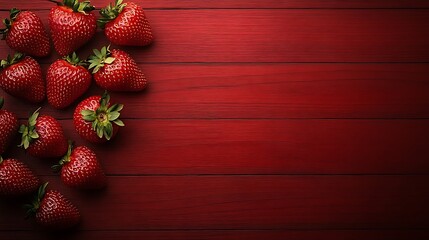 Strawberries scattered across a red wooden surface, food blog header backdrop, empty on right