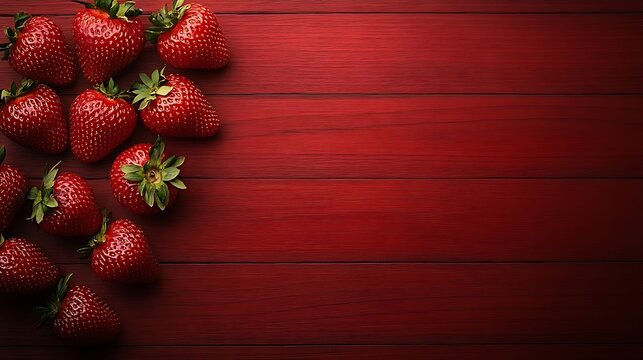 Strawberries scattered across a red wooden surface, food blog header backdrop, empty on right