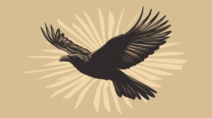 Fototapeta premium Dark bird in flight with stylized wings on beige background for art print or design
