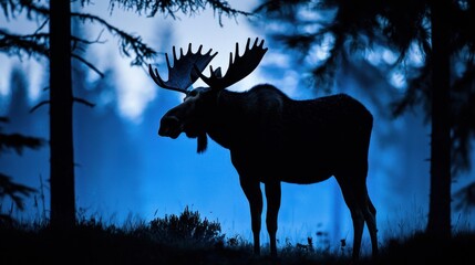 Majestic bull moose silhouetted against a twilight forest.