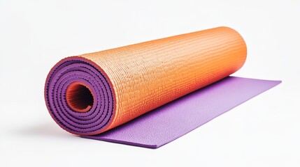 Rolled Orange and Purple Yoga Mat, Close-up Studio Shot, Fitness Exercise, Yoga Equipment, Workout Mat Yoga mat, Exercise mat