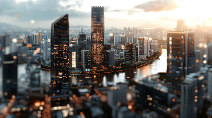 Fototapeta premium Aerial view of a city skyline at dusk with lights shining