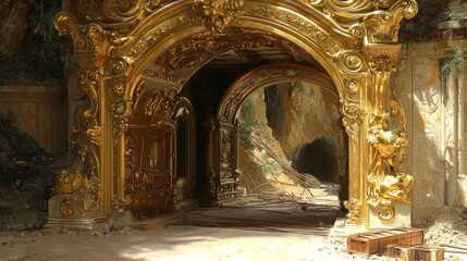 Ornate Golden Archway in Abandoned Historical Structure