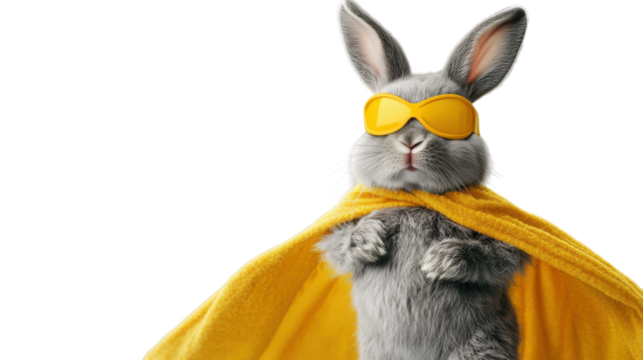 Superhero bunny wearing yellow cape and glasses on transparent background