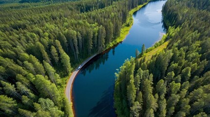 Scenic River Road Winding Through Lush Green Forest