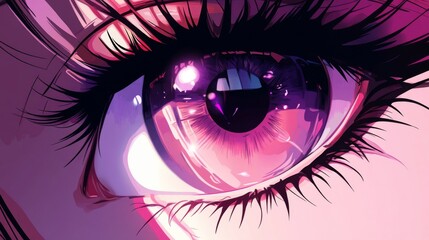 Vibrant anime eye close-up with pink and violet colors, perfect for art and design inspiration