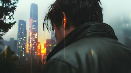 A Man Contemplates a Distant City Skyline at Dusk