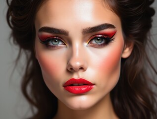 Fototapeta premium Fashion model showing avant-garde beauty with geometric eyeliner and bold red lipstick
