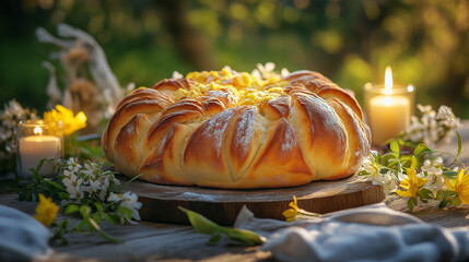 Traditional Easter bread with golden crust, beautifully arranged on a wooden table with fresh flowers and candles, hyper-detailed textures 
