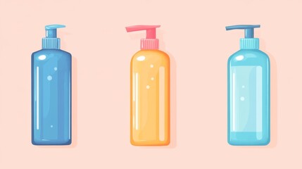 Colorful pump dispenser bottles on pastel background for personal care and beauty products