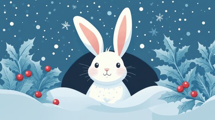 Obraz premium Winter wonderland scene with cute bunny and festive snowflakes for holiday greeting cards