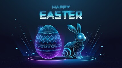 Happy Easter, Futuristic Digital Easter Bunny and Egg &ndash; Cyber Neon Holiday Concept..