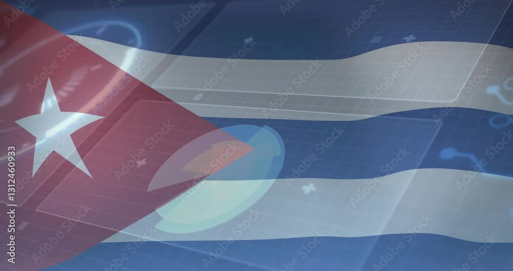 Poster Waving Cuban flag in animation over digital technology interface with data elements