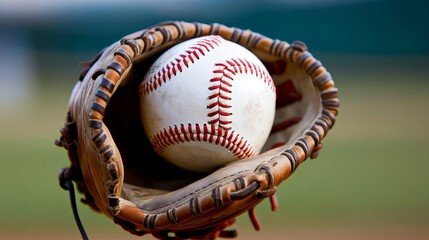Close-up Composition of Baseball in Glove, Sports Photography, Leather Texture, Baseball Season Baseball, Glove
