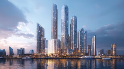 Obraz premium Modern skyscrapers at sunset reflected in water.