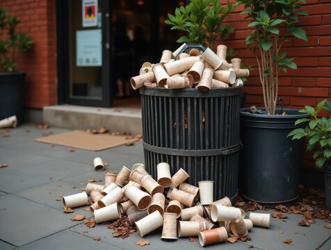 Overflowing trash bin with discarded paper cups near coffee shop