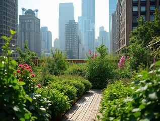 Fototapeta premium Lush Rooftop Garden Flourishing in the City with Vibrant Plants and Wooden Walkway