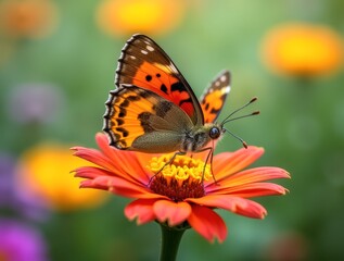 Fototapeta premium Butterfly feeding on a red zinnia flower in a colorful garden