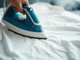 Hand smoothly gliding modern steam iron over white shirt
