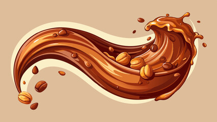 Silky milk chocolate wave mid-air with crushed hazelnuts scattering, pastel beige background
