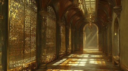 Majestic Hallway with Intricate Design and Soft Light Reflections